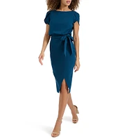 Kensie Scuba Crepe Boat Neck Short Sleeve Tie Waist Wrap Blouson Midi Dress