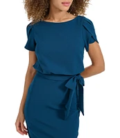Kensie Scuba Crepe Boat Neck Short Sleeve Tie Waist Wrap Blouson Midi Dress