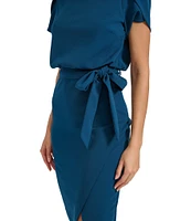 Kensie Scuba Crepe Boat Neck Short Sleeve Tie Waist Wrap Blouson Midi Dress