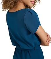 Kensie Scuba Crepe Boat Neck Short Sleeve Tie Waist Wrap Blouson Midi Dress