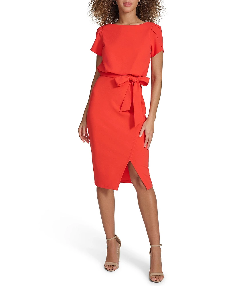 Kensie Scuba Crepe Boat Neck Short Sleeve Tie Waist Wrap Blouson Midi Dress