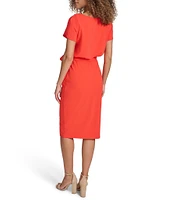 Kensie Scuba Crepe Boat Neck Short Sleeve Tie Waist Wrap Blouson Midi Dress