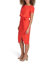 Kensie Scuba Crepe Boat Neck Short Sleeve Tie Waist Wrap Blouson Midi Dress