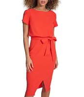 Kensie Scuba Crepe Boat Neck Short Sleeve Tie Waist Wrap Blouson Midi Dress