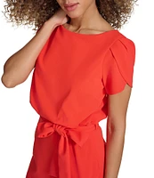 Kensie Scuba Crepe Boat Neck Short Sleeve Tie Waist Wrap Blouson Midi Dress