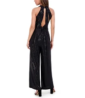 Kensie Sequin Knit Cowl Neck Sleeveless Wide Leg Jumpsuit