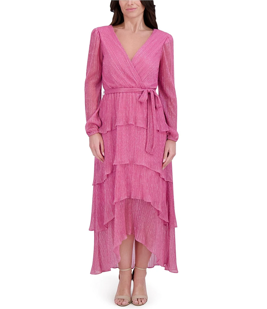 Kensie Shimmer Knit V-Neck Long Sleeve Tie Waist Ruffle Skirt A-Line Maxi Dress