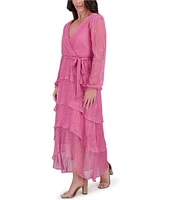 Kensie Shimmer Knit V-Neck Long Sleeve Tie Waist Ruffle Skirt A-Line Maxi Dress