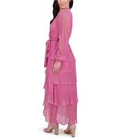 Kensie Shimmer Knit V-Neck Long Sleeve Tie Waist Ruffle Skirt A-Line Maxi Dress