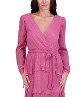 Kensie Shimmer Knit V-Neck Long Sleeve Tie Waist Ruffle Skirt A-Line Maxi Dress