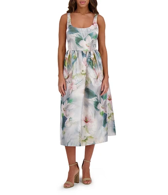 Kensie Shimmer Twill Floral Print Scoop Neck Sleeveless A-Line Midi Dress