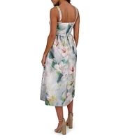 Kensie Shimmer Twill Floral Print Scoop Neck Sleeveless A-Line Midi Dress