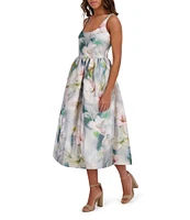 Kensie Shimmer Twill Floral Print Scoop Neck Sleeveless A-Line Midi Dress