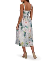 Kensie Shimmer Twill Floral Print Scoop Neck Sleeveless A-Line Midi Dress