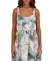 Kensie Shimmer Twill Floral Print Scoop Neck Sleeveless A-Line Midi Dress