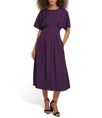 Kensie Short Sleeve Smocked Waist A-Line Midi Dress