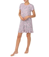 Kensie Short Sleeve Round Neck Knit Ditsy Floral Ruffled Sleepshirt