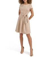 Kensie Short Sleeve Tie Waist Pleated Faux Suede Aline Dress