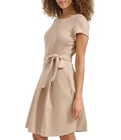 Kensie Short Sleeve Tie Waist Pleated Faux Suede Aline Dress