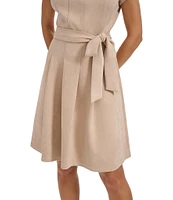 Kensie Short Sleeve Tie Waist Pleated Faux Suede Aline Dress