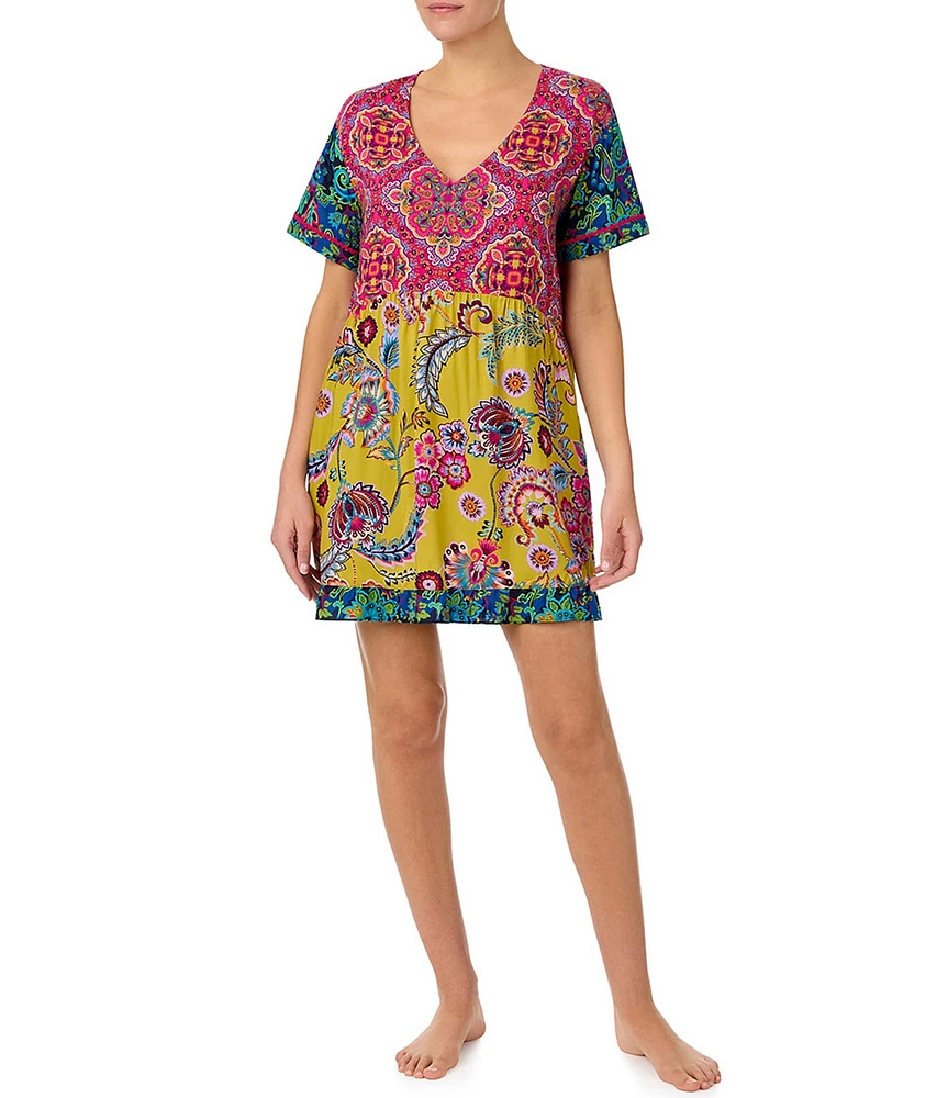 Kensie Short Sleeve V-Neck Woven Floral Medallion Print Nightshirt