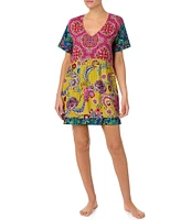 Kensie Short Sleeve V-Neck Woven Floral Medallion Print Nightshirt