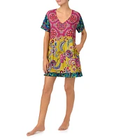 Kensie Short Sleeve V-Neck Woven Floral Medallion Print Nightshirt