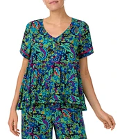 Kensie Short Sleeve V-Neck Woven Paisley Print Coordinating Sleep Top