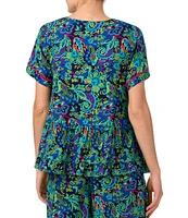 Kensie Short Sleeve V-Neck Woven Paisley Print Coordinating Sleep Top