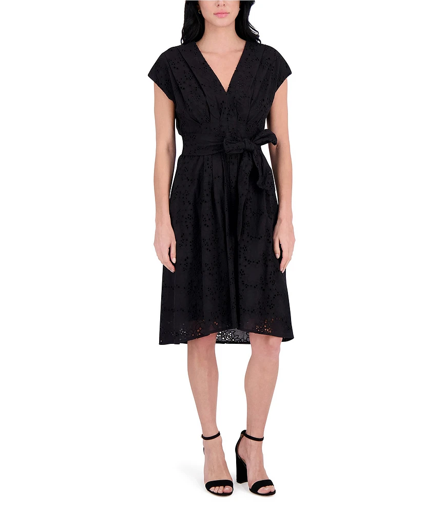 Kensie Solid Embroidered Lace V-Neck Cap Sleeve Belted A-Line Dress