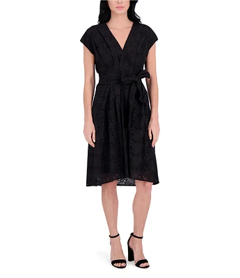 Kensie Solid Embroidered Lace V-Neck Cap Sleeve Belted A-Line Dress