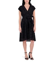 Kensie Solid Embroidered Lace V-Neck Cap Sleeve Belted A-Line Dress