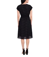 Kensie Solid Embroidered Lace V-Neck Cap Sleeve Belted A-Line Dress