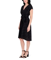 Kensie Solid Embroidered Lace V-Neck Cap Sleeve Belted A-Line Dress