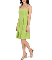 Kensie Square Neck Hardware Straps Seamed Stretch Woven Shift Dress