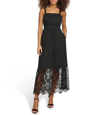 Kensie Square Neck Sleeveless Lace Eyelet Hem Side Pocket Midi Dress