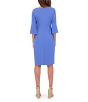 Kensie Stretch Boat Neck Mid Length Bell Sleeve Twist Waist Faux Wrap Skirt Sheath Dress