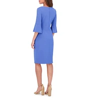 Kensie Stretch Boat Neck Mid Length Bell Sleeve Twist Waist Faux Wrap Skirt Sheath Dress