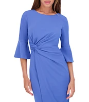 Kensie Stretch Boat Neck Mid Length Bell Sleeve Twist Waist Faux Wrap Skirt Sheath Dress