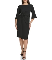 Kensie Stretch Boat Neck Mid Length Bell Sleeve Twist Waist Faux Wrap Skirt Sheath Dress