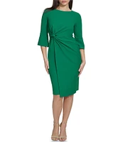 Kensie Stretch Boat Neck Mid Length Bell Sleeve Twist Waist Faux Wrap Skirt Sheath Dress