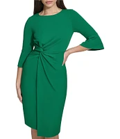 Kensie Stretch Boat Neck Mid Length Bell Sleeve Twist Waist Faux Wrap Skirt Sheath Dress