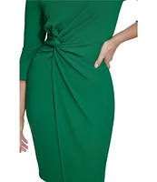 Kensie Stretch Boat Neck Mid Length Bell Sleeve Twist Waist Faux Wrap Skirt Sheath Dress