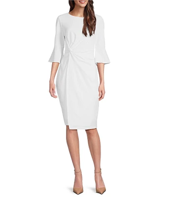 Kensie Stretch Boat Neck Mid Length Bell Sleeve Twist Waist Faux Wrap Skirt Sheath Dress