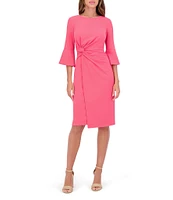 Kensie Stretch Boat Neck Mid Length Bell Sleeve Twist Waist Faux Wrap Skirt Sheath Dress
