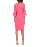 Kensie Stretch Boat Neck Mid Length Bell Sleeve Twist Waist Faux Wrap Skirt Sheath Dress