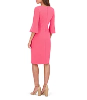 Kensie Stretch Boat Neck Mid Length Bell Sleeve Twist Waist Faux Wrap Skirt Sheath Dress