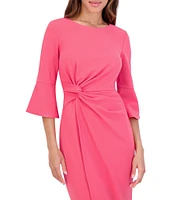 Kensie Stretch Boat Neck Mid Length Bell Sleeve Twist Waist Faux Wrap Skirt Sheath Dress