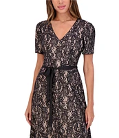 Kensie Stretch Sequin Lace Short Sleeve V-Neck Midi Dress