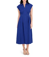 Kensie Stripe Cotton Point Collar V-Neck Cap Dolman Sleeve Smocked Pleated Midi A-Line Dress